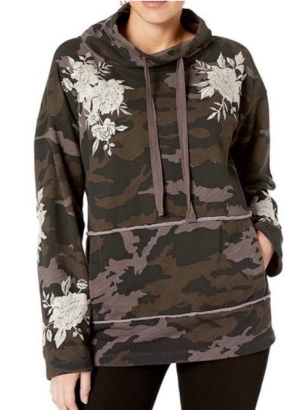 Johnny Was Camo Hoodie with Cream Embroidered Flowers